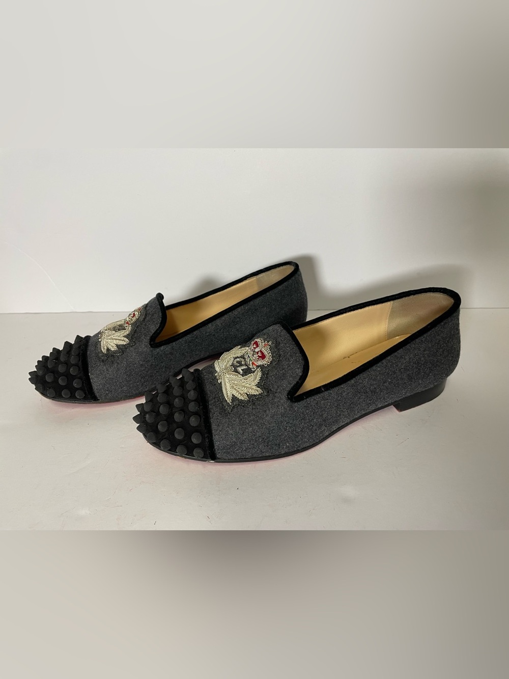Christian Louboutin Grey Embroidered Wool Loafers Spikes 36